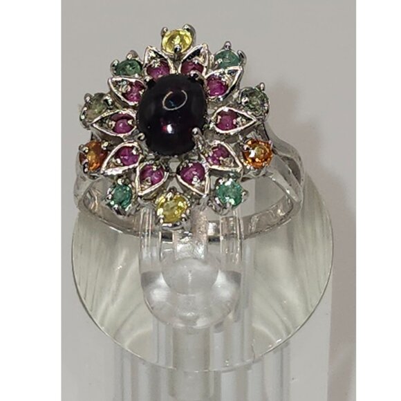 .925 Sterling Silver S/S Black Opal/Emerald/Ruby/Sapphire Ring Sz 8.5 $605 - Picture 2 of 8